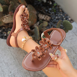 Ladies 3D Floral Thong Flat <b>Sandals</b> <b>Elastic</b> Back Strap Rhinestone Ornament Summer Travel Women <b>Sandals</b> - Product Image 4