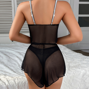 Ensemble de lingerie féminine sexy 3 pièces, bretelles ajustables brillantes, haut en maille, culotte courte, ensemble de vêtements de nuit sensuels, sous-vêtements pour femmes, désir pur - Product Image 6