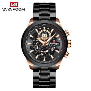 Montre chronographe pour homme, boîtier en or rose, bracelet en acier noir, montre squelette avec date pour messieurs - Product Image 1