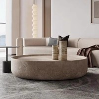 Table Basse Moderne Ronde Ovale en Travertin de Marbre, avec Socle Latéral en Ciment, Table Centrale en Béton