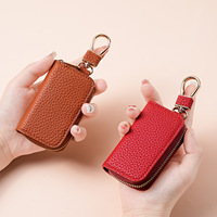 Étui pour clé de voiture en cuir PU texture litchi, pochette à fermeture éclair, porte-clés portable avec crochet pour clé, idéal pour cadeau promotionnel