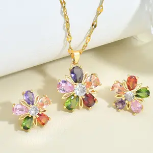 Wholesale Multicolored Gold Chain Necklace 316l Stainless Steel Necklace 2023 Flower Pendant Zircon Necklace Set For Men Women