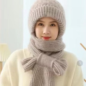 Women's Pineapple Pattern Polyester Hat Scarf Combo 2024 Winter Style Thick Fleece-Lined Hooded <b>Neck</b> <b>Warmer</b> - Product Image 2