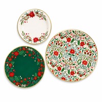 Ensemble de 3 assiettes en papier florales de Noël, bord doré, assiettes rondes jetables pour les réunions de famille