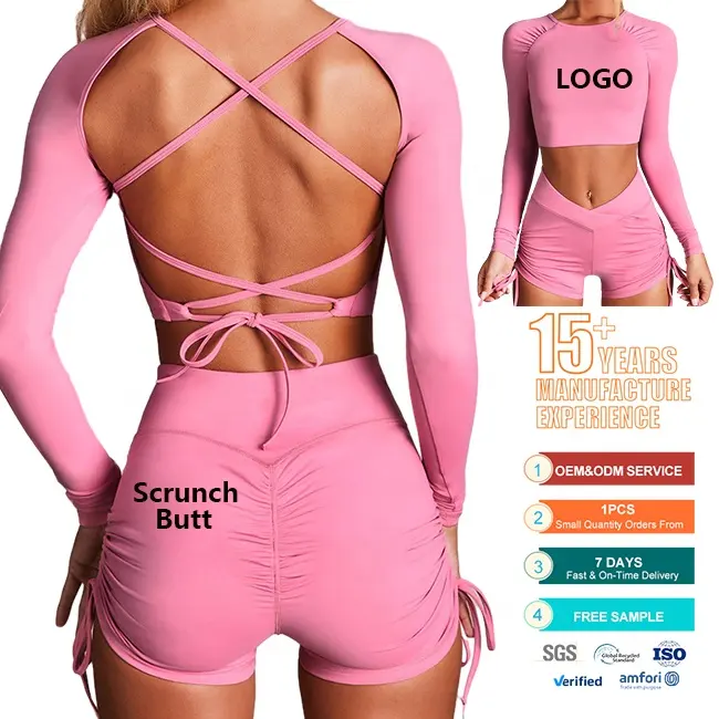 Sportset Dames Naadloze Yoga Set Sportbeha Lange Mouw Crop Top Sport Top Gym Leggings Yoga Shorts Workout Kleding Voor Dames