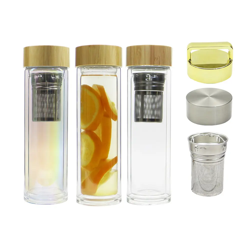 BPA free eco-friendly Double walled high borosilicate tea infuser glass water bottle