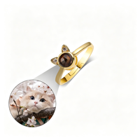 Bague de projection photo discrète « Je t'aime » en 100 langues, tête de chat, ouverte et ajustable, en or rose et zircon, cadeau pour maman de chat