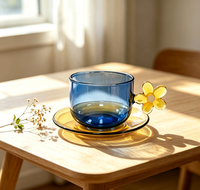 Ensemble tasse et soucoupe en verre borosilicate, mug bleu avec poignée fleurie jaune, résistant à la chaleur, pour café et thé, idéal pour la maison et les cafés