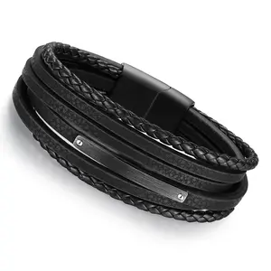 Best Luxury Stainless Steel Magnetic Clasp Bulk Multi Layers Cuff Leather Bracelet For Men