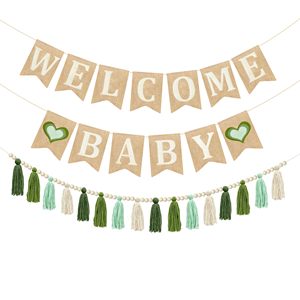 Guirnalda de banderines de arpillera para Baby Shower, cartel de bienvenida para bebé de fieltro, guirnalda de borlas verde salvia ombré con corazón y verde oliva con cuentas - Product Image 2