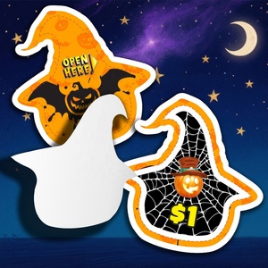 Evil Pumpkin Paper Pull Tab Halloween <b>Cards</b> Open to Win Prizes Screen Printing Custom Special Shapes 1 Window Design - Product Image 1