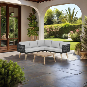 Ensemble de canapés de patio en forme de L de style moderne meubles de jardin en rotin et osier avec corde modulaire en bois convertible pour usage domestique - Product Image 2