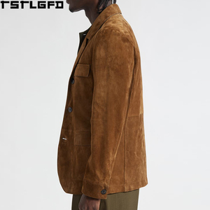 Cut And Sew <b>Suede</b> Notched Lapel <b>Jacket</b> <b>Men</b> Tobacco Brown Four Pocket Windbreaker Streetwear Outerwear Manufacturers Bulk - Product Image 4
