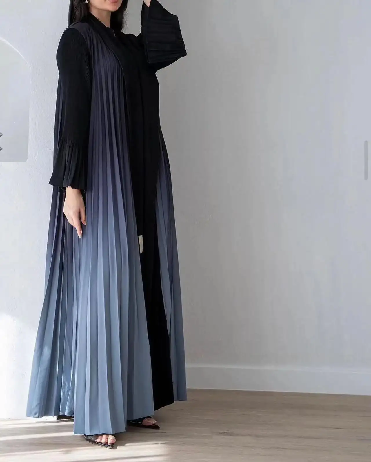 Gaun wanita muslim, Hifive, kualitas tinggi, warna gradien, kardigan terbuka, satu ukuran, lipit, ukuran besar, Gaun wanita lurus, musim gugur