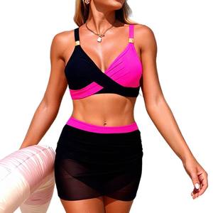 Women <b>Two</b> <b>Piece</b> Swimsuit Crossed Halter <b>Mesh</b> Skirt Sports Bikini Contrast Binding Stretch Swimwear For Beach Fitness - Product Image 5