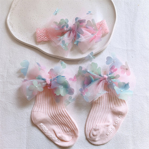 <b>Baby</b> Lace Bow <b>Headband</b> Socks Set Soft Ribbed Infant Girls Hairband Sock Outfit Cute Floral Organza Bow Newborn Daily Wear - Product Image 3