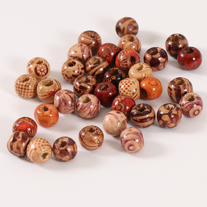 Wooden <b>Beads</b> 9x10mm Round <b>Large</b> Hole Painted Patterned For Jewelry Making 100pcs Pack - Product Image 2
