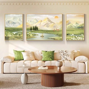 Quadro Decorativo per Soggiorno, Stile Crema, per Sfondo Divano, Dipinto a Spruzzo su Tela con Paesaggio - Product Image 2