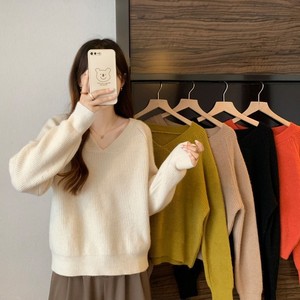 Maglione Pullover da Ragazza in Stile Coreano Morbido e Cucinato, Lavorato a <span class=keywords><strong>Maglia</strong></span>, Autunno Inverno, Vestibilità Ampia e Comoda, Scollo a V, Tinta Unita, Poliestere Spandex - Product Image 4