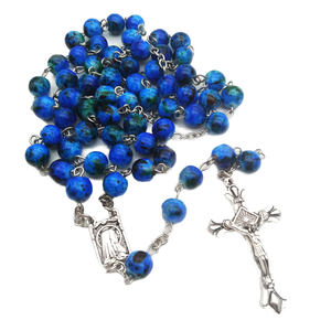 Rosario de Cristal Azul Católico con Cuentas de Cristal, Chapado en Rodio, Cruz de Jesús, María, para Mujer, Imitación - Product Image 1