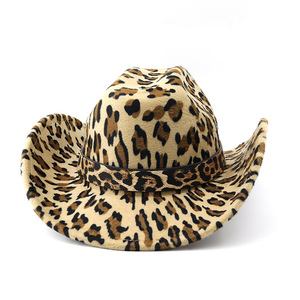 Chapeaux de cow-boy occidentaux en gros de bonne qualité OEM, chapeau Fedora à imprimé vache, chapeau de cow-boy en fausse laine à imprimé léopard pour femmes et hommes - Product Image 2