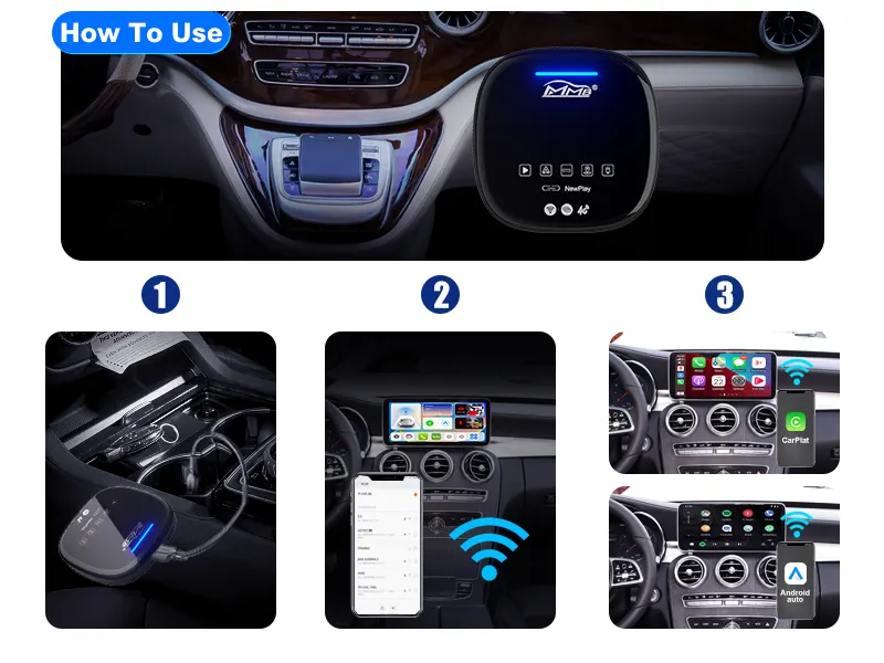 Taşınabilir Carplay kablosuz adaptörü sihirli kutu desteği HD YouTube araba Google Play Store Android otomatik multimedya AI kutusu Carplay