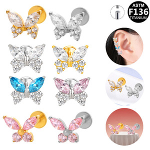 Boucles d'oreilles clous papillon en titane F136 à filetage interne, bijoux de piercing tendance pour femme, accessoire de fête - Product Image 1