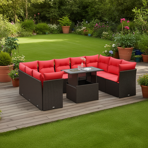 Set di divani da giardino in polyrattan marrone, 10 pezzi, mobili da esterno con cuscini, design contemporaneo - Product Image 2