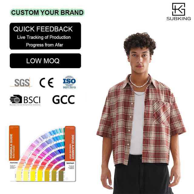 Boxy Fit Cropped Pure Cotton Check Shirt Customized Pocket DTG Printing High Grade Flannel Material Short Sleeved Button-up Tees