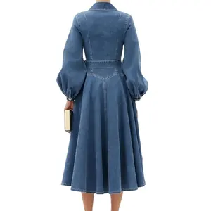 אופנה בלון שרוול ינס שמלת Custom פרימיום מקרית ארוך שמלת נשים