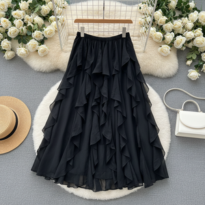 Jupe longue <span class=keywords><strong>mi</strong></span>-mollet en tulle élastique à taille naturelle pour <span class=keywords><strong>femme</strong></span>, style coréen, coupe irrégulière, unie, vintage, pour soirée d'été - Product Image 1