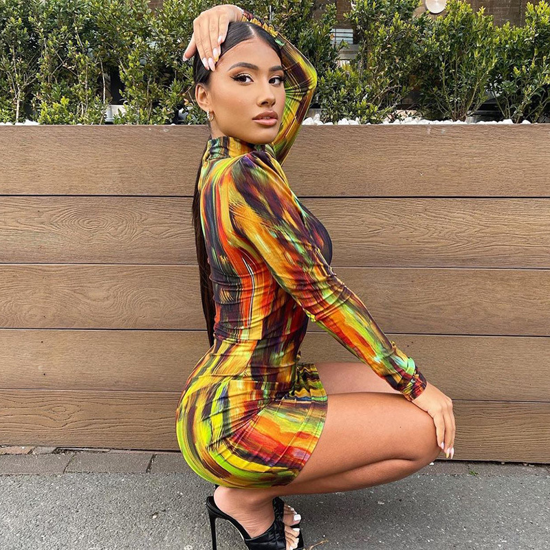 Tie Dye Women Long Sleeve Mini Dress Shoulder Pad Bodycon Sexy Streetwear  Party 2025 Autumn Winter Clothes Y2K| Alibaba.com