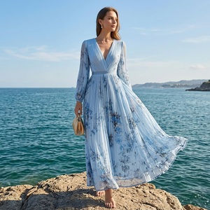 Abito Lungo da Donna con Stampa Floreale Digitale, Ecologico, Plissettato, Scollo a V, Maniche Lunghe, con Cintura, Elegante per Feste, Stile Boho <span class=keywords><strong>Chic</strong></span> - Product Image 5
