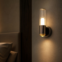 Applique Murale LED Moderne Nordique en Verre Transparent Cylindrique avec Double Lumière et Métal Laiton pour Chambre, Chevet, Salon, Couloir d'Hôtel