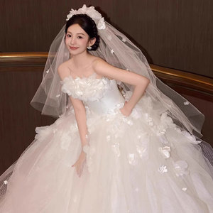 Wedding Dress Ball Gown Strapless Tulle Floral Print Floor Length Natural Waistline - Product Image 5