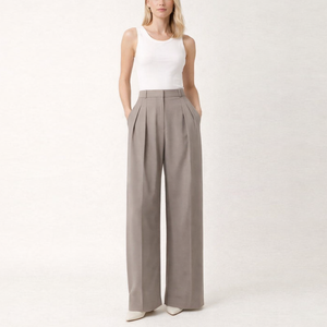 Fabricant sur mesure OEM, vente en gros <span class=keywords><strong>de</strong></span> pantalons taille haute <span class=keywords><strong>pour</strong></span> femmes, pantalons <span class=keywords><strong>de</strong></span> costume à jambes larges à double pli - Product Image 1