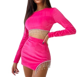 Costume sexy à pampilles, haut dos nu, jupe courte, velours, strass, couleur unie, costume décontracté - Product Image 5