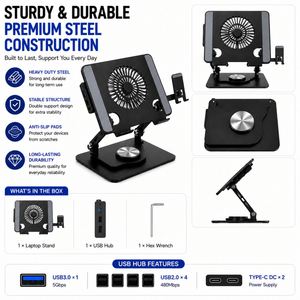 Nouveau support et socle tout-en-un pour ordinateur portable avec ventilateur de refroidissement, hub USB, design réglable, support pour téléphone, en acier carbone noir, jusqu'à 17,3 pouces - Product Image 2