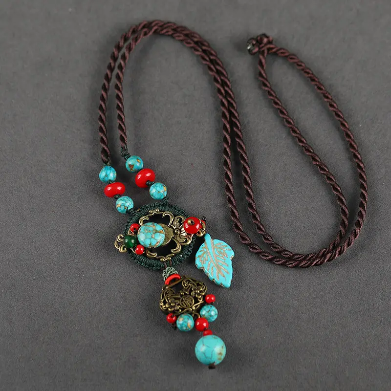 Retro wild turquoise hand-woven long necklace classical ethnic style bronze lock pendant sweater chain