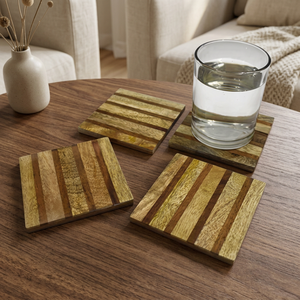 Juego de 4 Posavasos de Madera Rayados Hechos a Mano, Decoración Rústica Clásica, Tapetes para Bebidas Multitono, 5mm de Grosor, Unidades de Posavasos para Mesa - Product Image 1