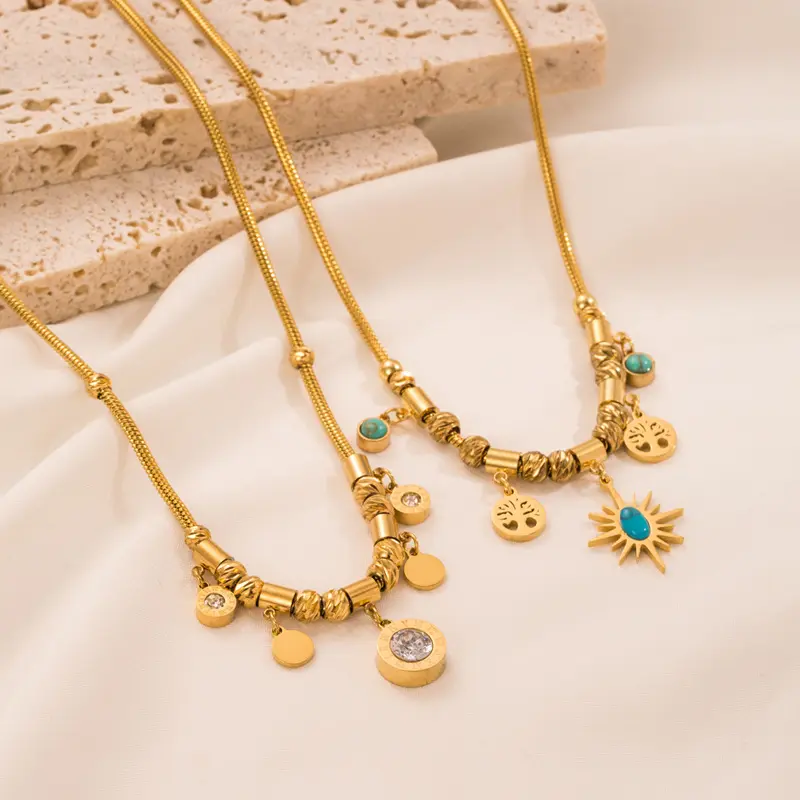 Dainty 18k Gold Plated Titanium Steel Sun Turquoise Necklaces Stainless Steel Multi Round Slice Tassel Necklace