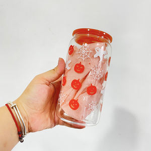 Transparent Halloween 16oz <span class=keywords><strong>verre</strong></span> peut En Gros en vrac Glace Café soda pop bière vin tasse <span class=keywords><strong>Avec</strong></span> couvercle en plastique et <span class=keywords><strong>paille</strong></span> - Product Image 4
