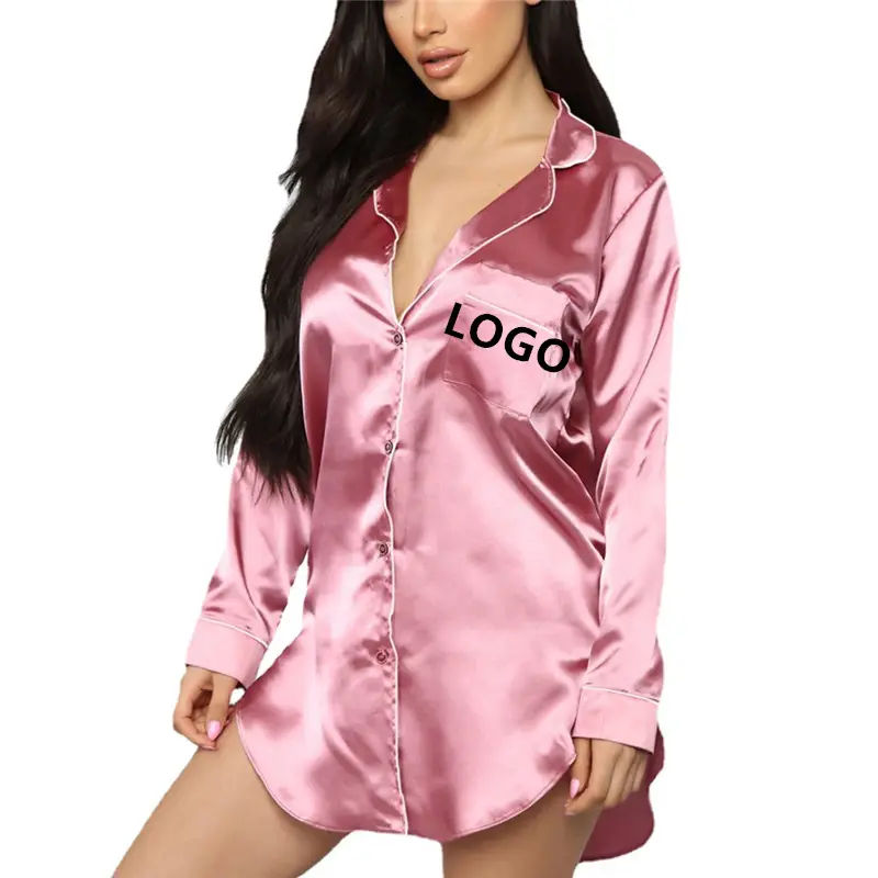 Custom Logo Lady Nightgown Sexy Satin Robes Long Sleeve Shirt Dress Button Silk Night Dress Sleep Wear Lounge Wear Women