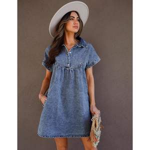 2025 Summer <b>Women's</b> Denim Dress Short Sleeve Button Collared Pleated Western <b>Jean</b> Dresses Pockets Relaxed Fit Simple <b>Light</b> - Product Image 4