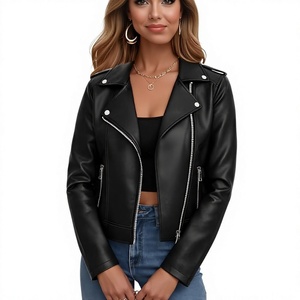 Chaqueta de Motocicleta de Cuero PU Negra para Mujer, Cuello Camisero, Cierre de Cremallera, Manga Larga, Chaqueta Corta con Bolsillos - Product Image 1
