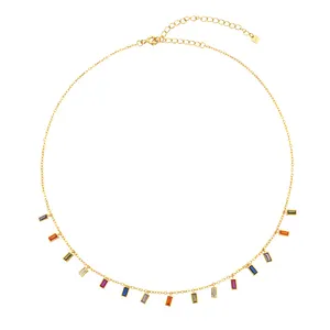 Baguette 18K Gold Plated Rainbow CZ 925 Sterling Silver Women's Longer Necklace