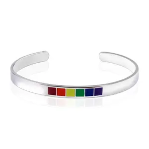 Wholesale Simple Open 6MM C Shape Bangles 18K Gold Plated Stainless Steel Rainbow Epoxy LGBT Plain Bangles