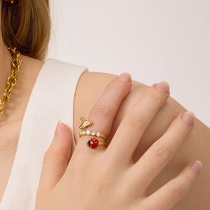 Ladybug And Bee <b>Ring</b> Gold Tone Insect Design With <b>Crystal</b> Accents For Women Jewelry Gift - Product Image 3