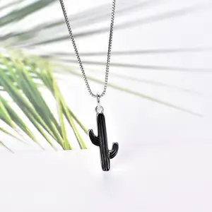 Fashion Modern 925 Sterling Silver Black Gold Plated And Rhodium Plating Minimalist Cactus Plant Pendant Necklace