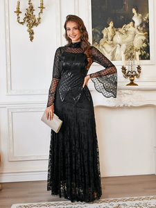 <span class=keywords><strong>Vestito</strong></span> Lungo Elegante <span class=keywords><strong>Nero</strong></span> con <span class=keywords><strong>Paillettes</strong></span> e Perline, <span class=keywords><strong>Maniche</strong></span> <span class=keywords><strong>Lunghe</strong></span>, Nuovo Modello, con Pizzo, per Feste - Vendita Calda - Product Image 3